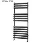 Black modern towel warmer radiator for bathroom heating and drying. Stylish and functional home heating solution.