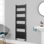 Black heated towel rail for bathroom drying and warming towels.