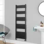 Black heated towel rail for bathroom drying and warming towels.