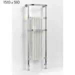 Chrome towel radiator with white heating fins, modern bathroom heated towel rail, sleek and functional design.