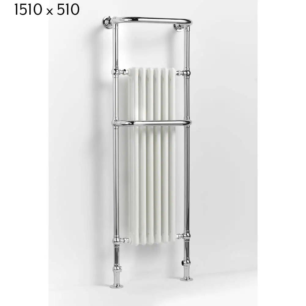 hampshire_traditional_towel_radiator_120927_1510x510 Chrome towel radiator with white heating fins, modern bathroom heated towel rail, sleek and functional design.