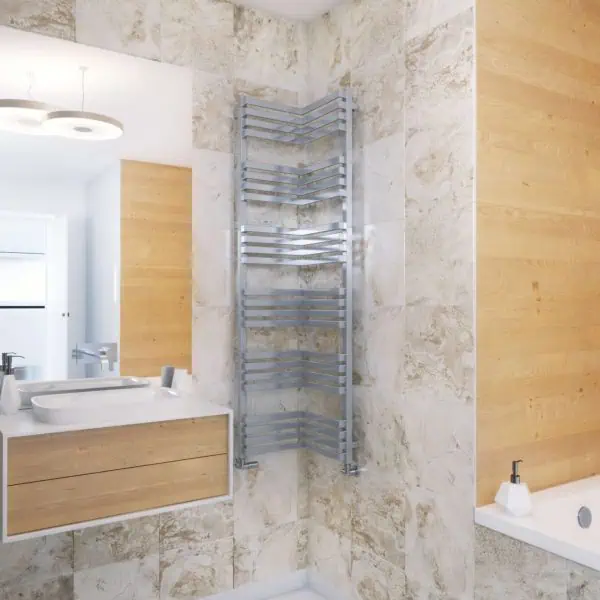 Modern heated towel rail in a stylish bathroom with beige stone tiles and wooden accents.