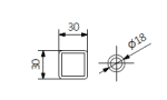 Cube-shaped metal component with 30x30 mm dimensions and 18 mm diameter hole.