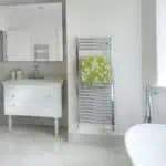 Polished bathroom with towel radiator and vanity unit, modern home bathroom decor.
