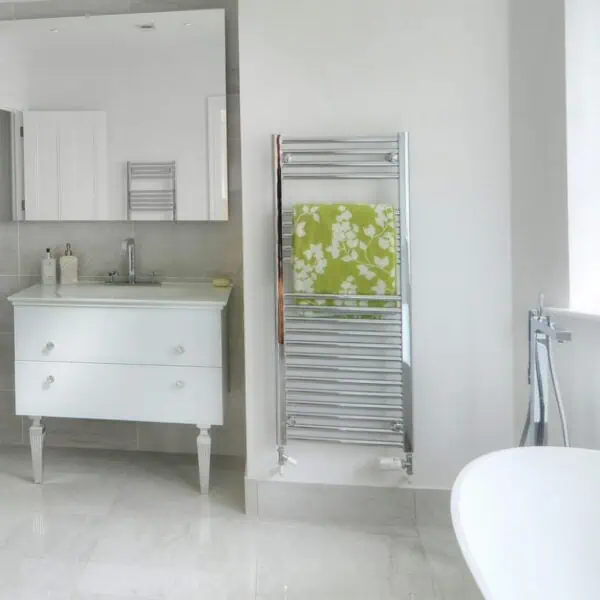 Polished bathroom with towel radiator and vanity unit, modern home bathroom decor.