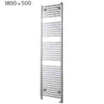 Radiator towel rail in modern bathroom decor, chrome finish, suitable for heating and drying towels.