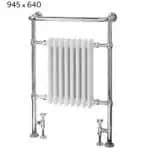 Antique-style heated towel rail with chrome finish, ideal for bathroom heating and drying towels.