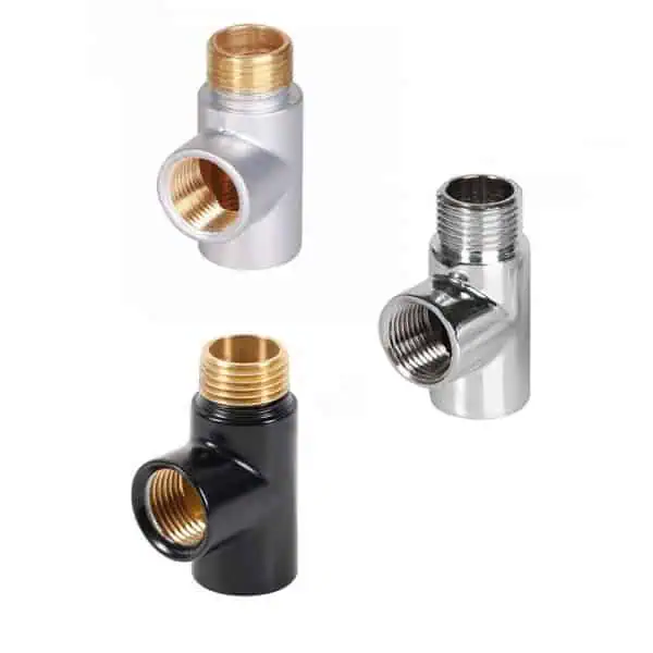 Brass and chrome pipe fittings for plumbing, T-shaped connector, screw-threaded joints, durable pipe connectors for water systems.