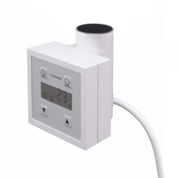Digital thermostat device with temperature display and control buttons for heating systems.