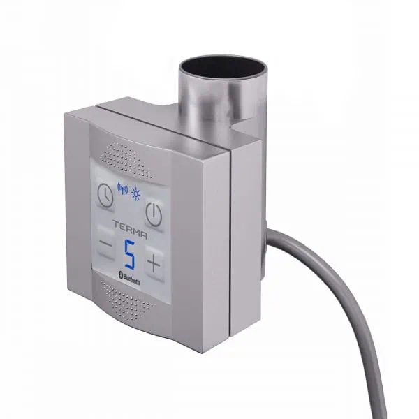 Bluetooth-controlled electric towel warmer with digital display and modern design.