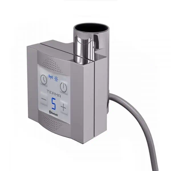 Bluetooth heated towel rail control panel with digital display, remote operation, and modern design.