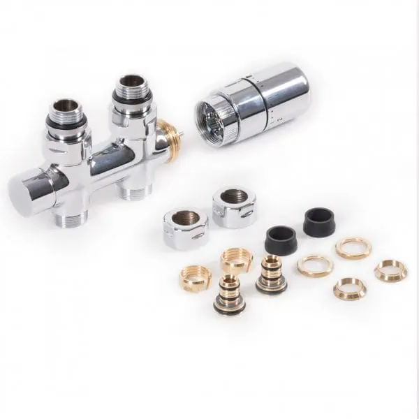 Shower valve parts with chrome taps, cartridges, seals, and fittings for bathroom plumbing repairs.