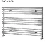 Polished stainless steel towel radiator, modern bathroom heating and drying solution.