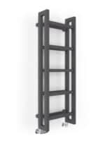 Modern black towel radiator with sleek design and caster wheels for easy mobility.