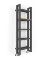 Modern black radiator shelf with wheels, ideal for bathroom decor and space-saving.
