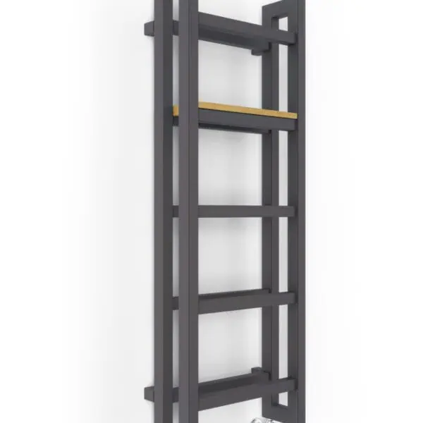 Modern black radiator shelf with wheels, ideal for bathroom decor and space-saving.