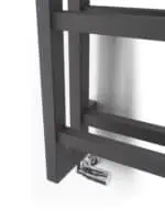 Locking caster wheel on black metal display stand, ideal for retail or promotional use.