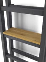 Black metal bookshelf with wooden shelves for home or office storage.