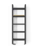 Black wooden ladder shelf with four adjustable shelves, ideal for home decor and storage.