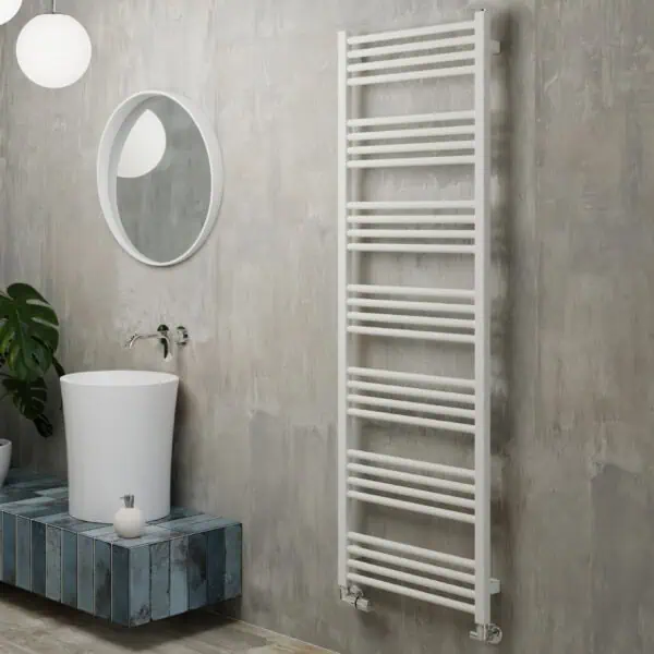 Contemporary white towel radiator heater in modern bathroom with sink and mirror, stylish heating solution.
