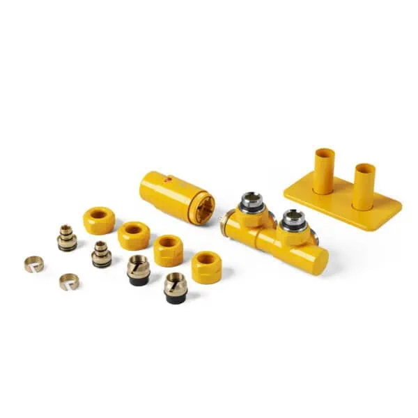 High visibility yellow plumbing connector set for water pipe installation and maintenance.