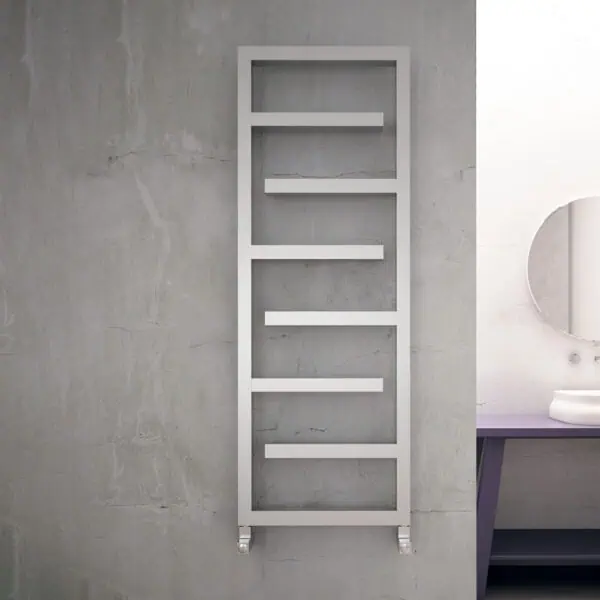 Modern white radiator with horizontal slats, wall-mounted in minimalist bathroom.