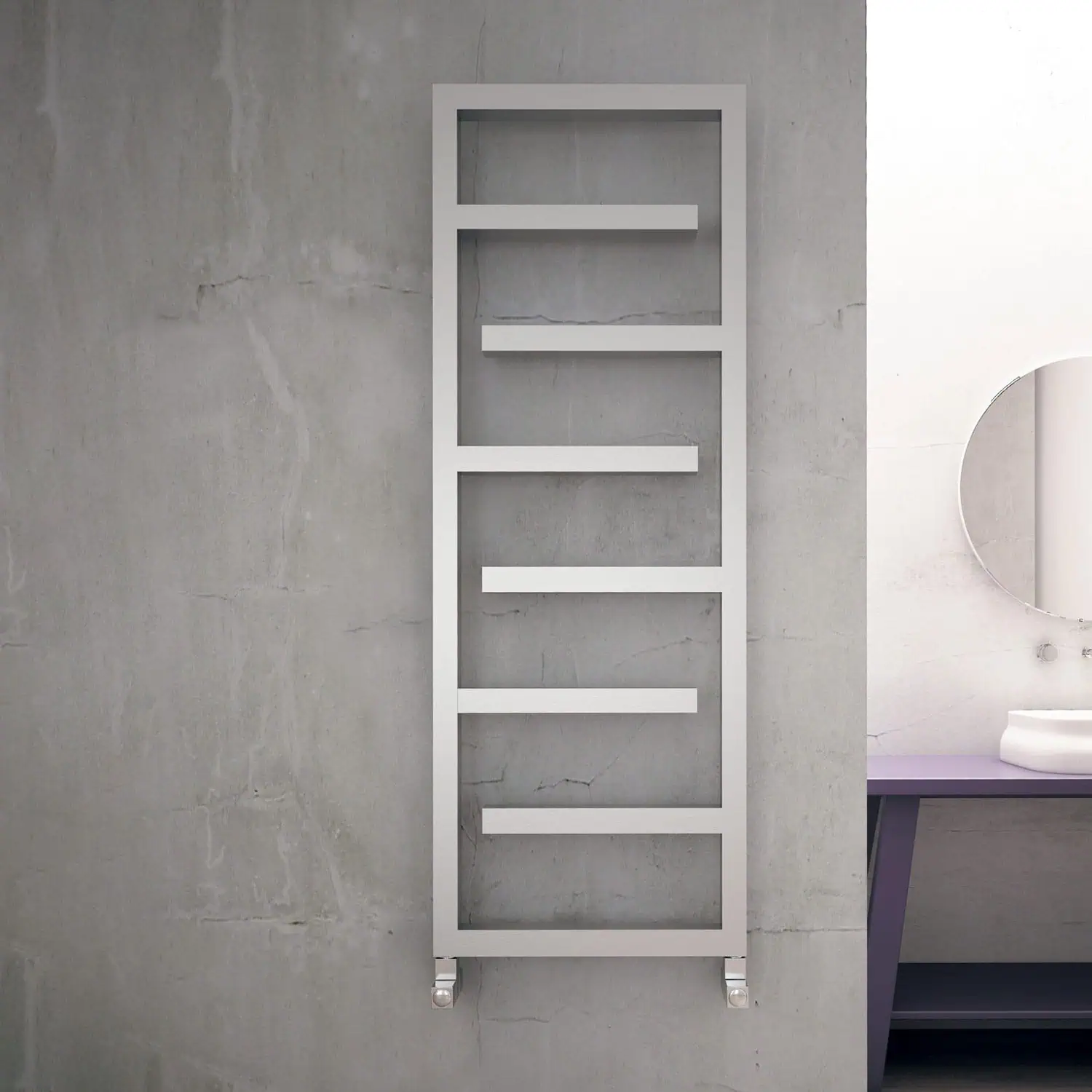 Carisa ECLIPSE heated towel rail Modern white radiator with horizontal slats, wall-mounted in minimalist bathroom.