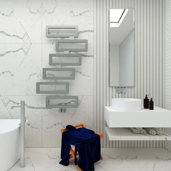 Modern minimalist bathroom with marble wall, sleek sink, and contemporary towel radiator.