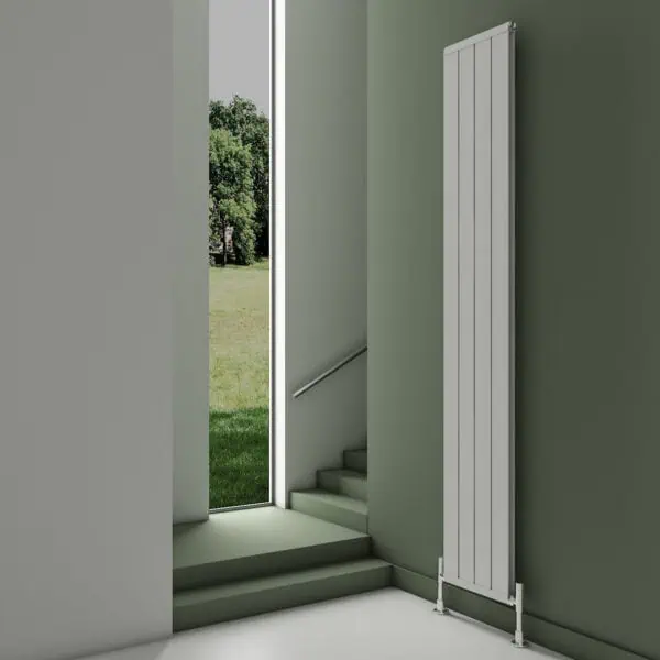 Aluminum vertical radiator heating panel in modern interior, energy-efficient wall-mounted design.