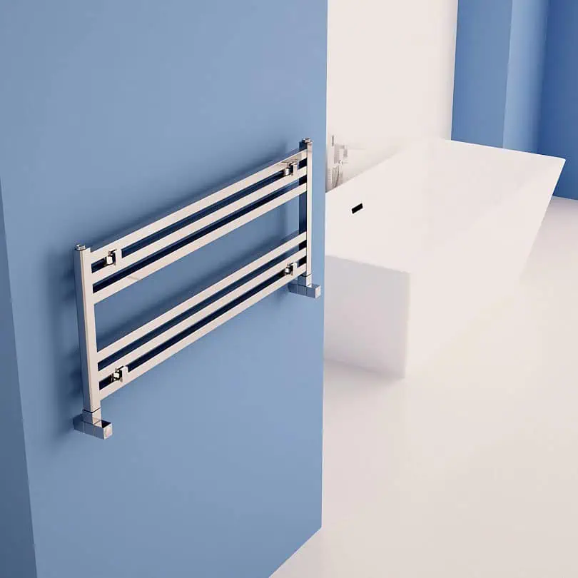 FAME-400X1000-PLS Modern heated towel rail in bathroom, sleek design with chrome finish.