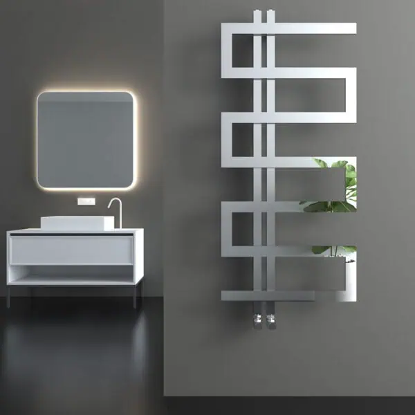 Contemporary minimalist bathroom with illuminated mirror and modern storage cabinet.