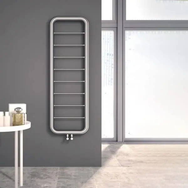 Ultra-modern towel radiator for bathroom heating and drying, sleek silver design.