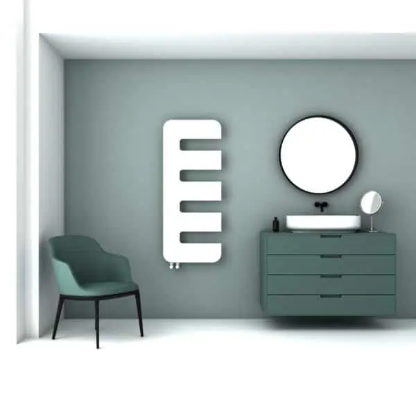 Modern bathroom with heated towel rail, vanity unit, and mirror, showcasing contemporary interior design and home decor.