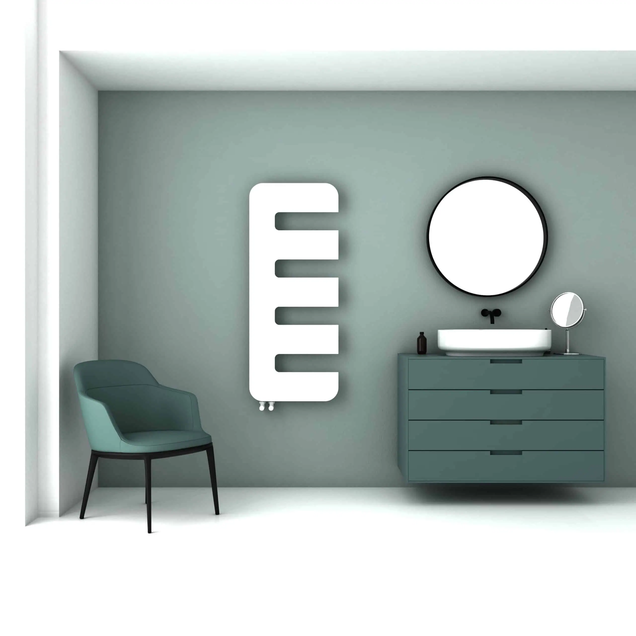 REX-scaled Modern bathroom with heated towel rail, vanity unit, and mirror, showcasing contemporary interior design and home decor.