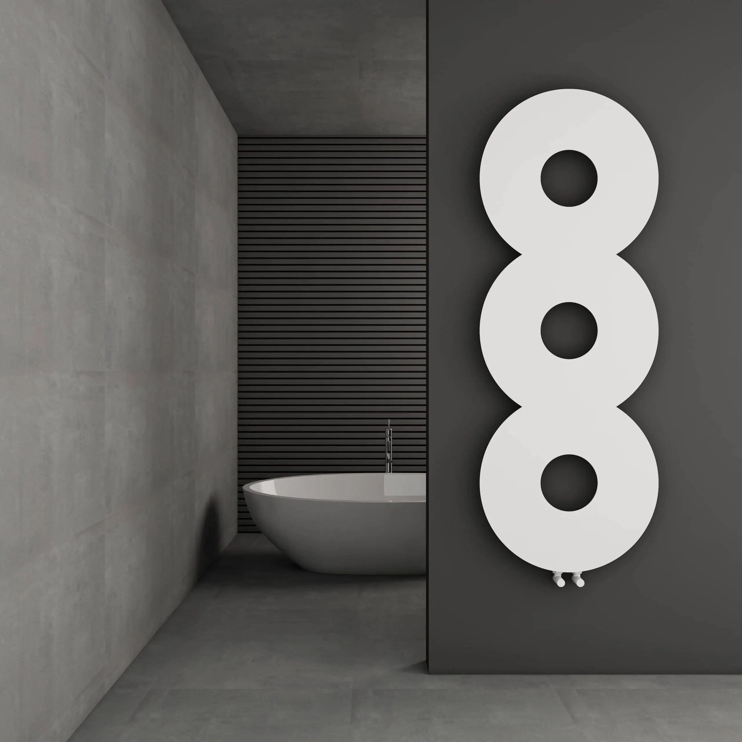 ROCHESTER-scaled Modern minimalist bathroom with freestanding bathtub and unique circular radiator.