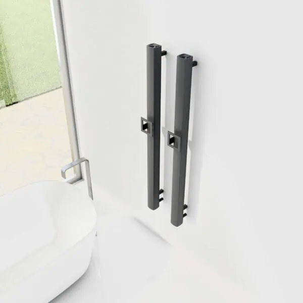 Modern black handrails for bathroom safety and support.