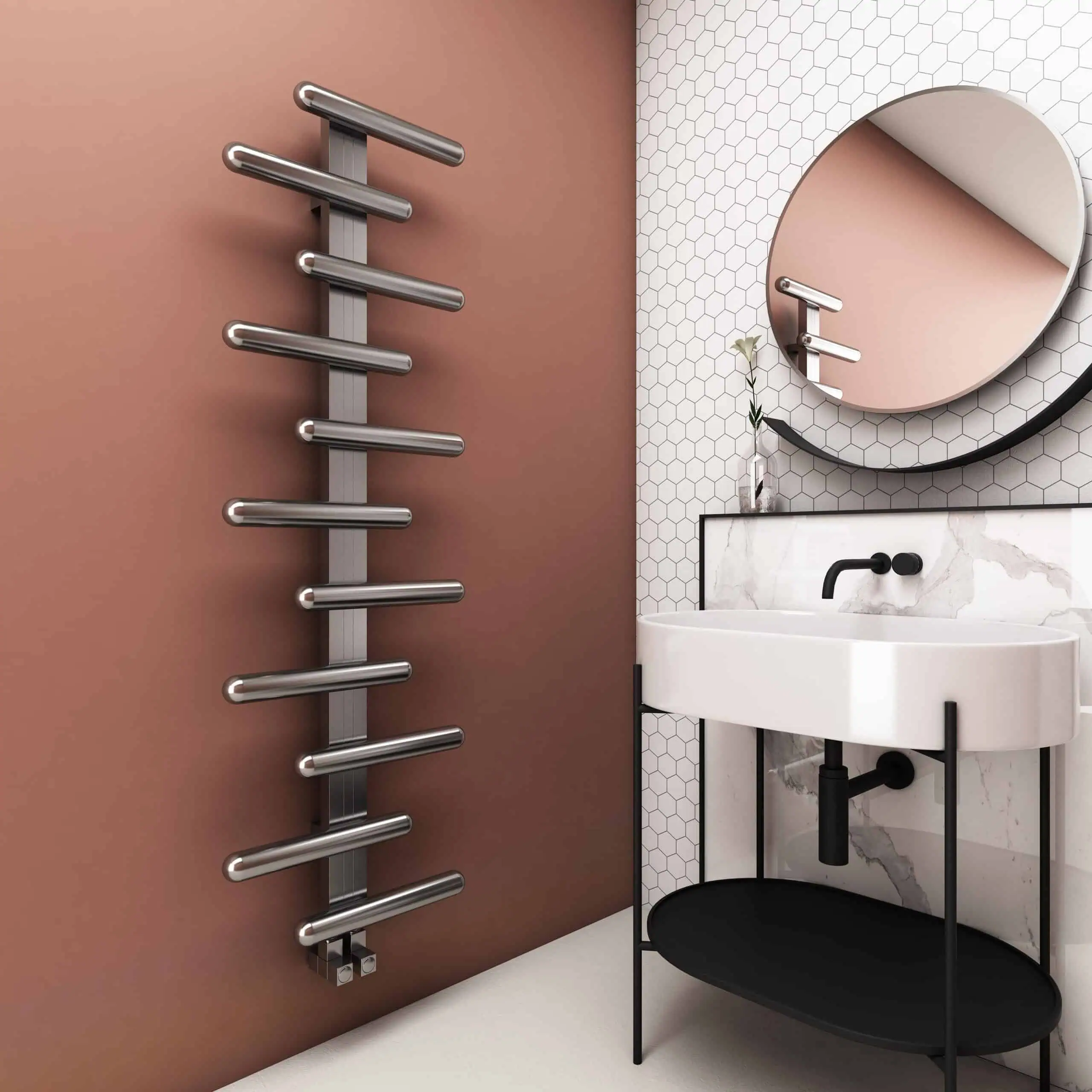 VIVI-scaled Sleek modern bathroom with contemporary heated towel rail and minimalist sink area.