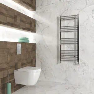 Modern bathroom with white toilet, wooden accents, and stainless steel towel radiator for contemporary home decor.