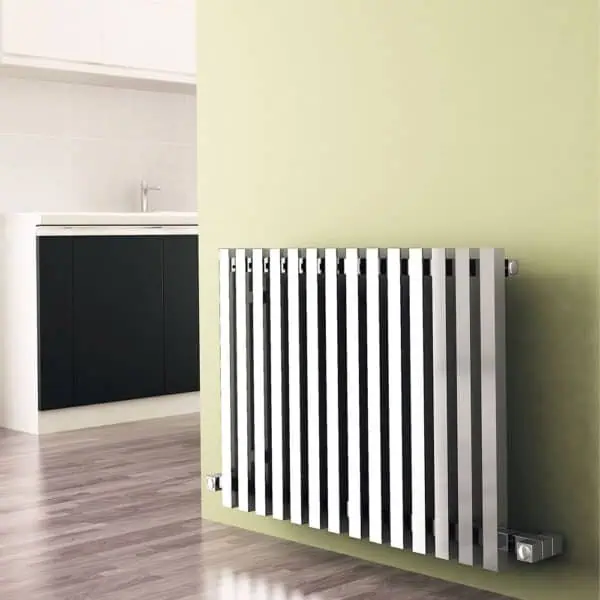 Modern aluminum radiator in contemporary home interior, black and silver finish, energy-efficient heating solution.