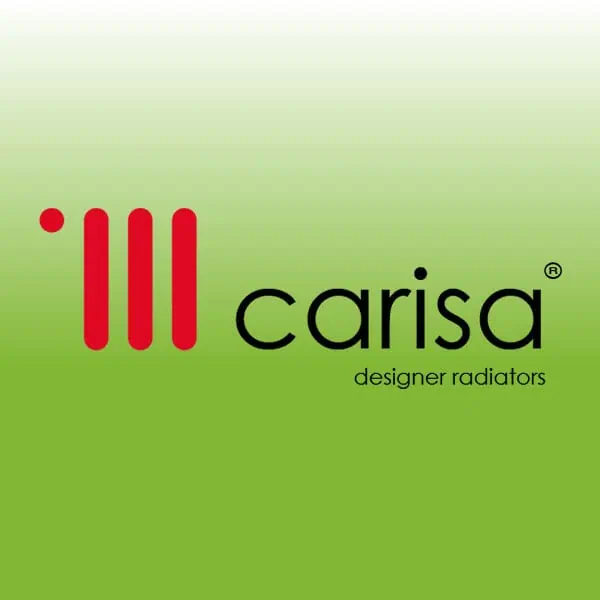 Carisa designer radiators logo on green background, stylish heating solutions for modern interiors.