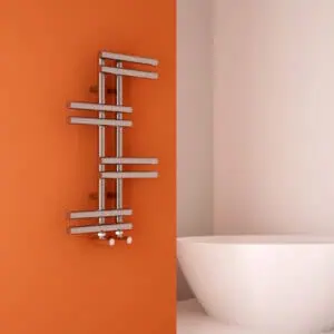 Sleek modern towel radiator in a contemporary bathroom setting.