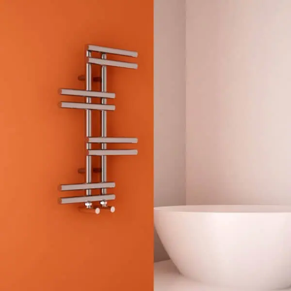 Sleek modern towel radiator in a contemporary bathroom setting.