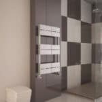 White modern towel radiator in contemporary bathroom decor with shower enclosure and checkered wall tiles.