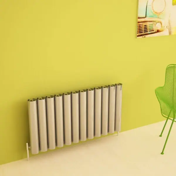 Radiator installation in modern room with lime green wall and green chair, stylish heating solutions.