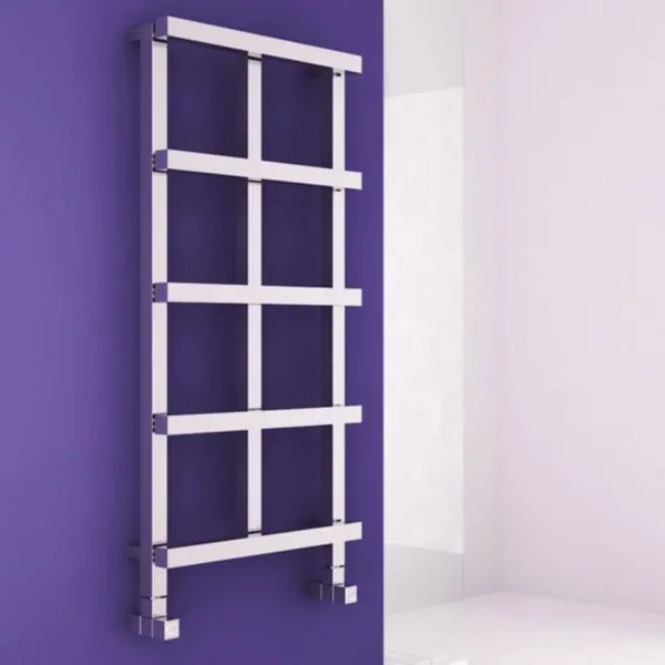 Industrial wall-mounted white ladder shelving unit for storage or display.