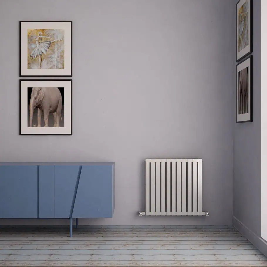CARISA SARP STAINLESS STEEL DESIGNER RADIATOR Modern interior wall decor with framed animal and art prints, blue cabinet, and white radiator.