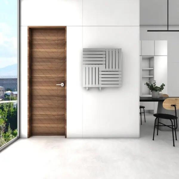 Modern interior with wooden door, wall radiator, and minimalist kitchen design.