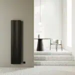 Wireless wall-mounted heater black modern design.