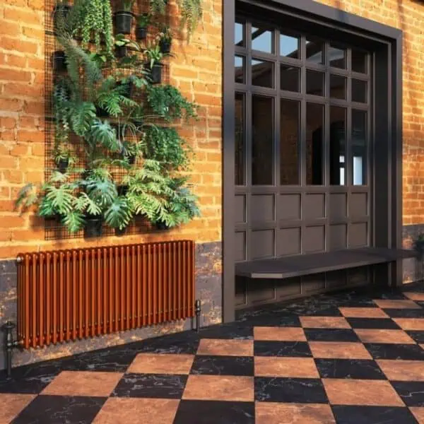 Modern indoor garden wall with lush green plants and black grid backdrop, stylish radiator and brick wall interior.