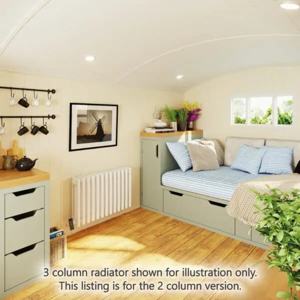 Cozy living space with built-in daybed, window, decorative plants, and vintage windmill artwork.